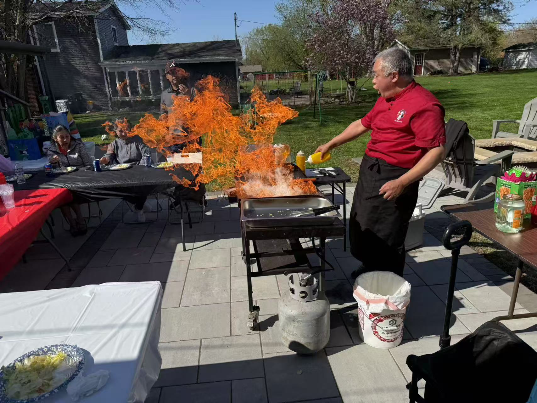 Hibachi steak and shrimp grilled at home Atlanta backyard party